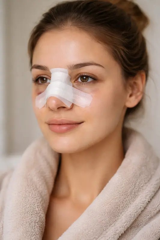 mujer con ferula nasal postoperatoria cuidados después de una rinoplastia